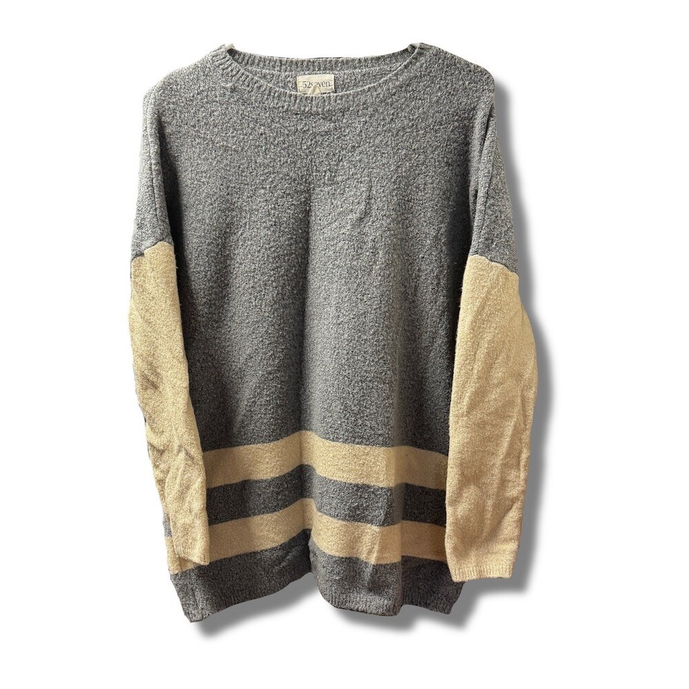 52Seven Sweater Womens Size M Gray & Cream Striped Colorblock Pullover